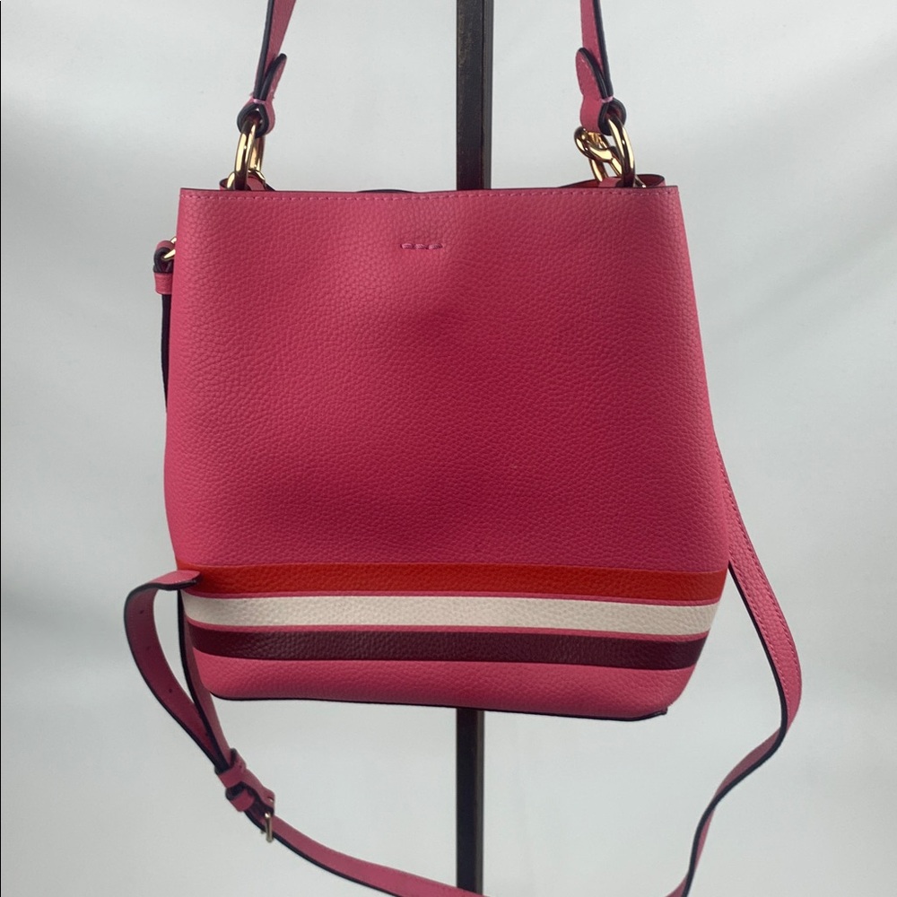 Coach Small Town Bucket Bag crossbody Pink White Red Striped Gold Zip pocket - Picture 2 of 16